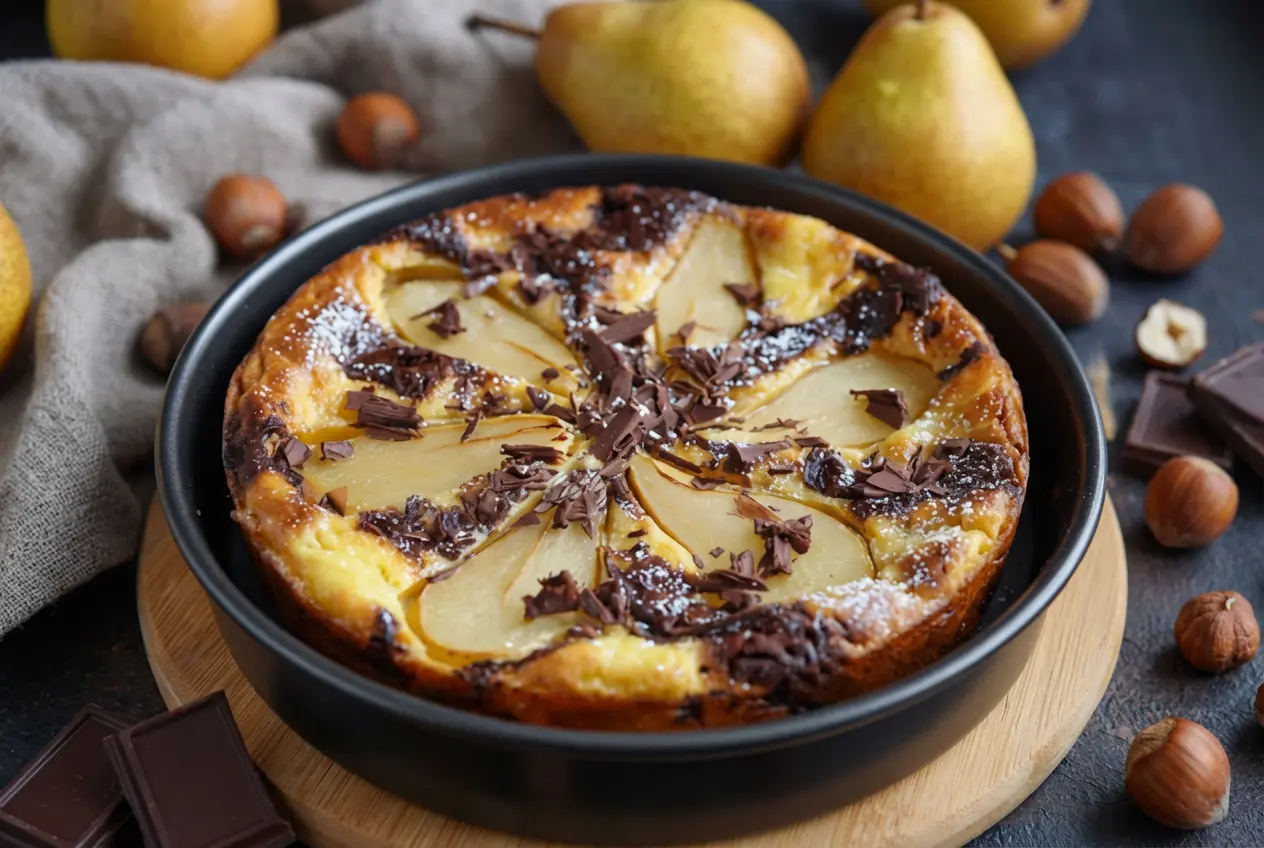 Part de clafoutis poire chocolat servie sur une assiette