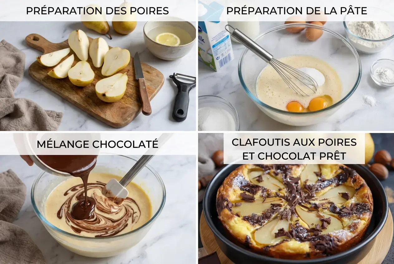 Préparation des poires et mélange de la pâte dans un bol en verre.