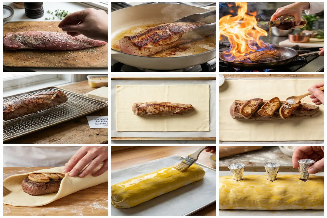 etape-montage-filet-mignon-croute-foie-gras Préparation du Filet Mignon en Croûte au Foie Gras étape du montage de la viande dans la pâte feuilletée.