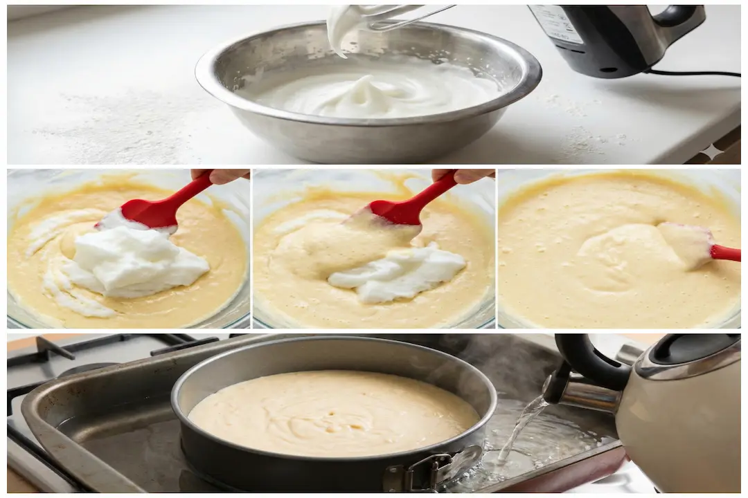 Preparation-Texture-Gateau-Nuage-Japonais Préparation de la pâte de Le Gâteau Nuage Japonais et incorporation délicate des blancs en neige.