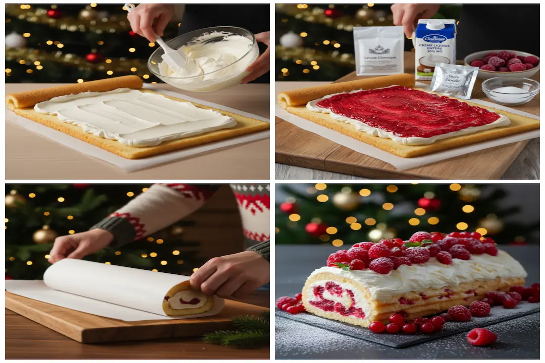 Main étalant de la crème blanche et du coulis de framboise sur un biscuit génoise fin.