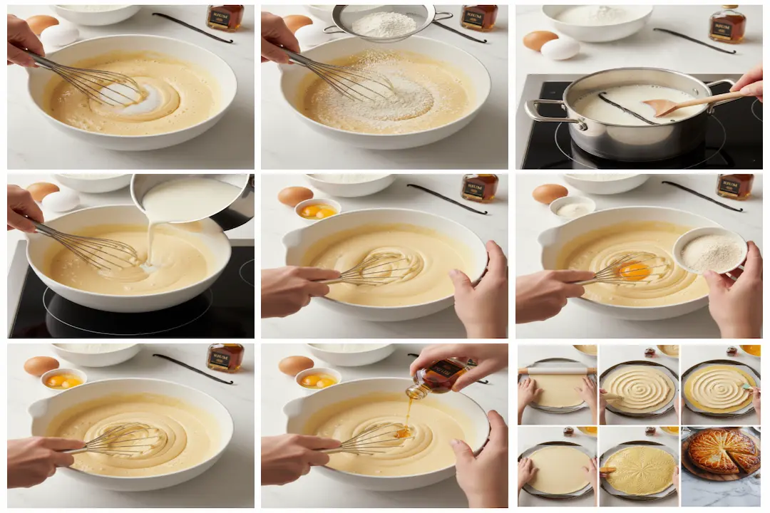 Poche à douille déposant une crème d'amande onctueuse sur un disque de pâte feuilletée, laissant une bordure libre.