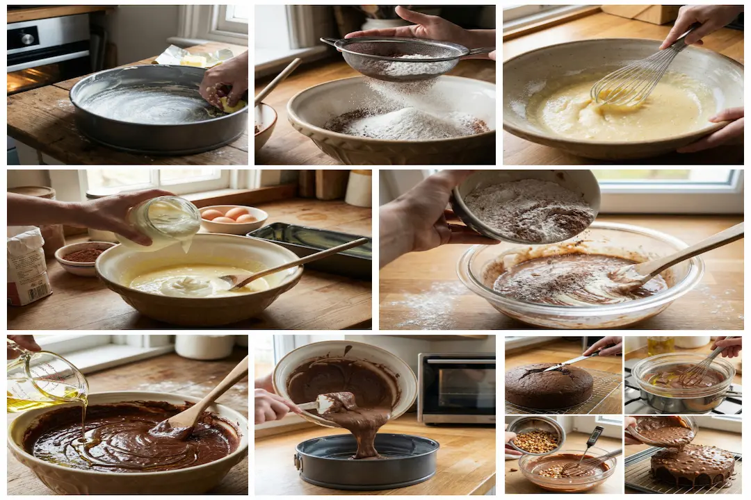 Nappage du Cake Glaçage Rocher : versement du chocolat fondu aux éclats d'amandes sur le gâteau refroidi posé sur une grille.