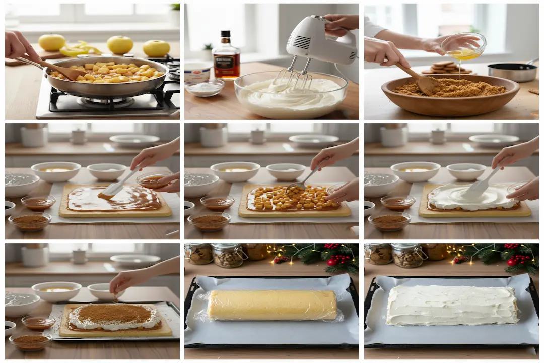 Étape Clé : Le Biscuit Prêt à Être Roulé Biscuit à rouler plat étalé sur une plaque de cuisson, recouvert d'une couche uniforme et lisse de crème au mascarpone blanche.