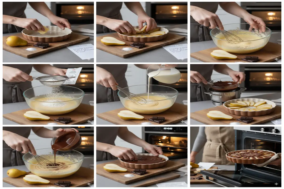 Mélange de la pâte au chocolat et disposition des poires