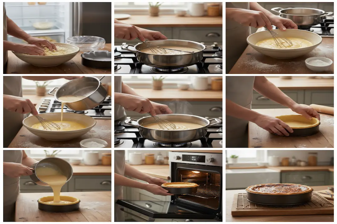 Mélange de l'appareil à flan du boulanger dans une casserole pour obtenir une texture épaisse et onctueuse.