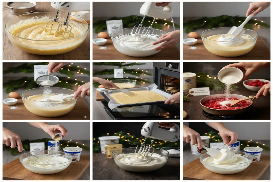 Main mélangeant une pâte jaune pâle dans un bol en verre avec une spatule, ingrédients de cuisson en arrière-plan.