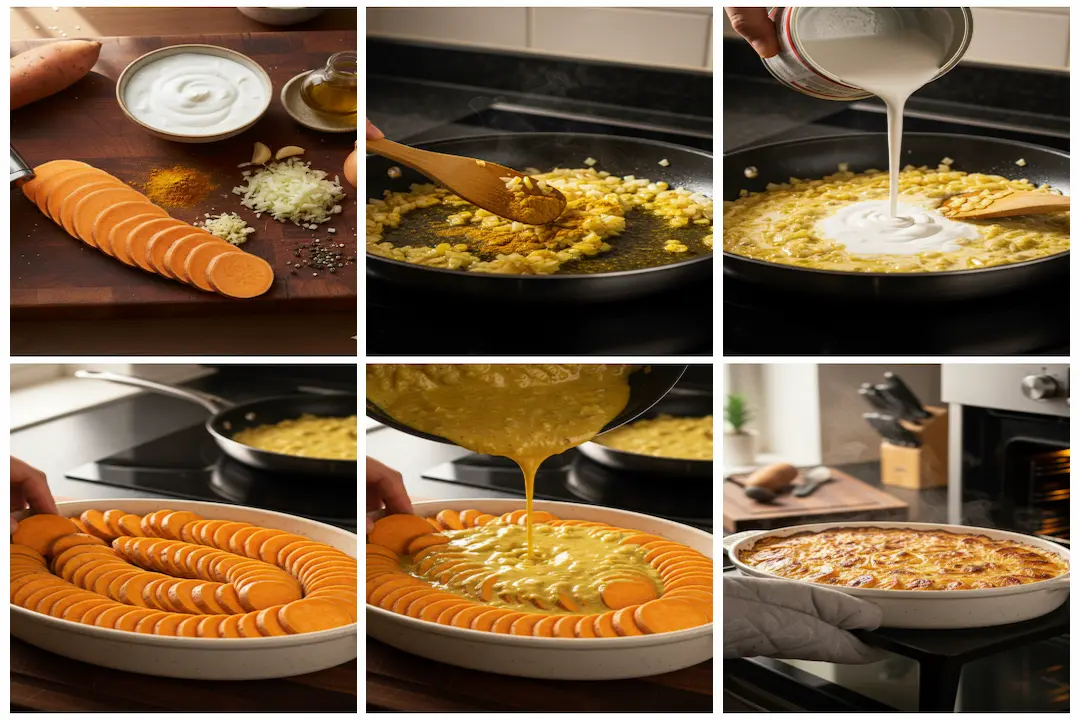 Patates douces coupées en rondelles fines et régulières pour une cuisson homogène du gratin.