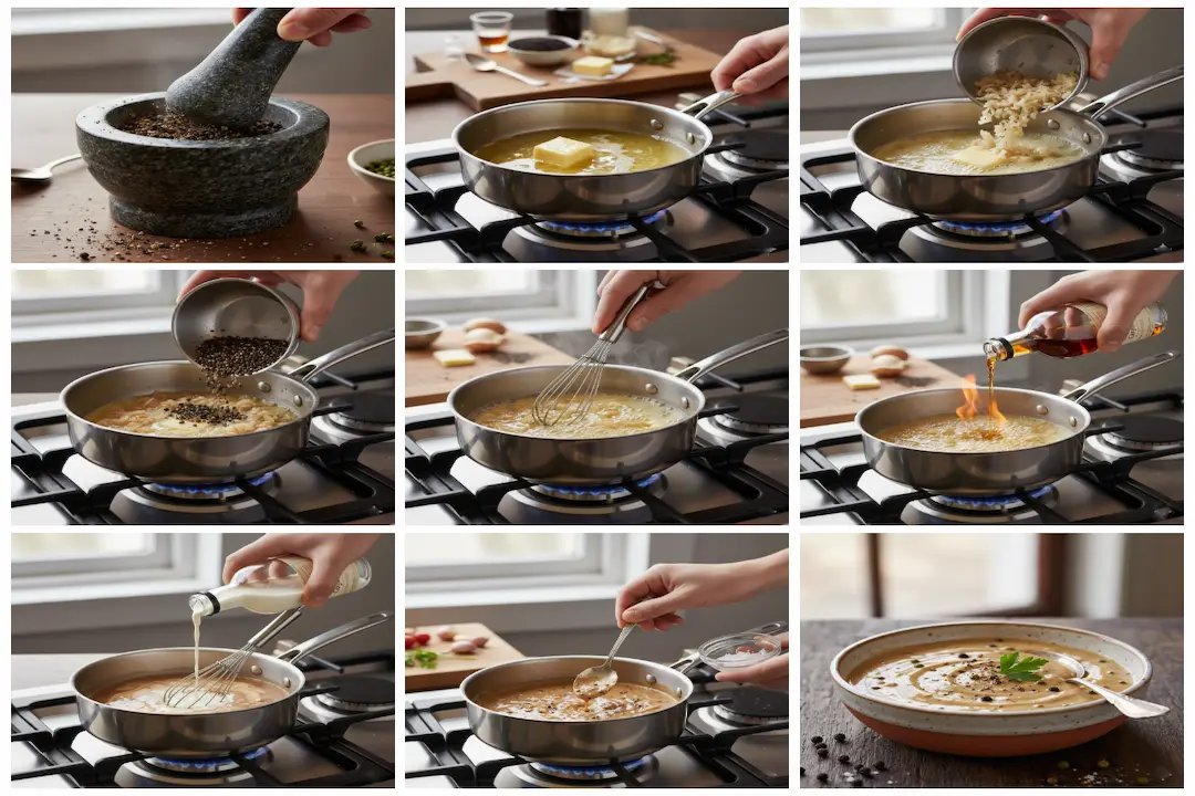 Étape de cuisson de la sauce au poivre maison dans une casserole avec du beurre fondu et des échalotes translucides.