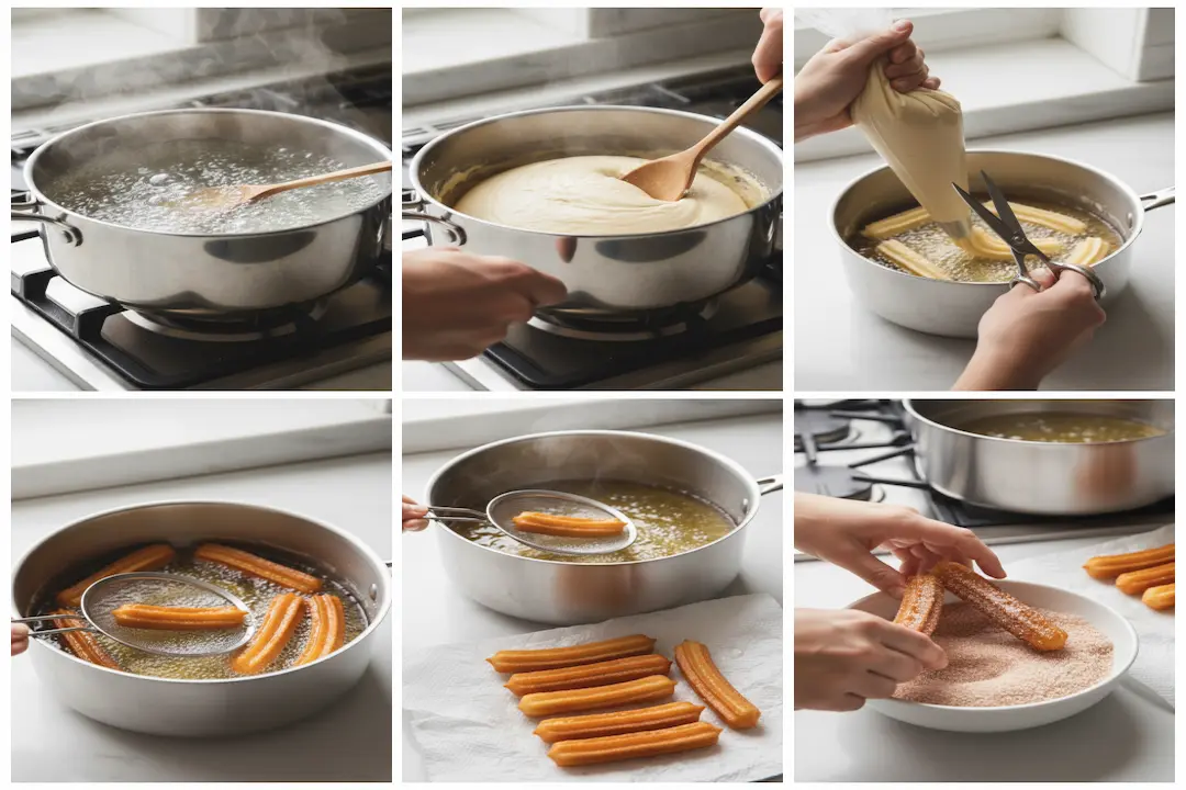 preparation-pate-churros-maison-casserole Formation de la boule de pâte à churros maison dans une casserole à l'aide d'une cuillère en bois.