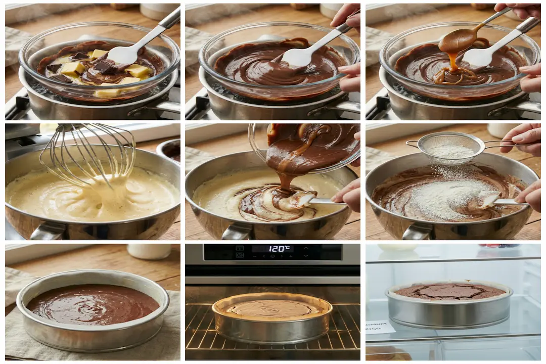 Préparation de la pâte du Fondant Baulois, mélange onctueux du chocolat fondu et du beurre dans un bol.