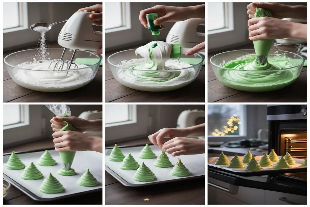 La Meringue au Sommet de sa Forme Meringue verte ferme dans une poche à douille, prête à être dressée en Petits Sapins Meringués.