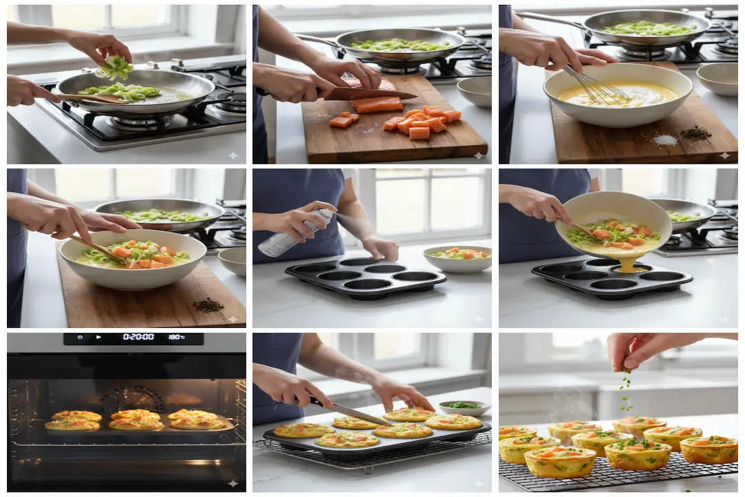 Préparation de l'appareil des Mini Quiches aux Poireaux & Saumon Fumé Mélange des poireaux cuits et du saumon fumé dans l'appareil à quiche (œufs, crème) pour les Mini Quiches aux Poireaux & Saumon Fumé.