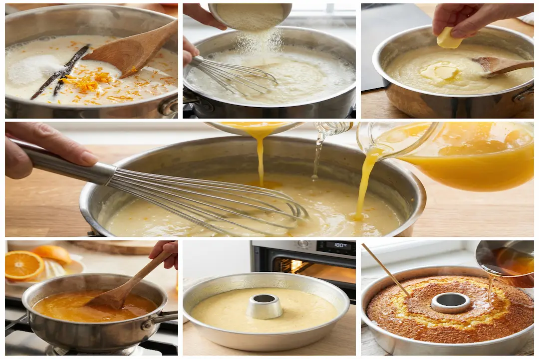 Incorporation de l'Œuf et du Jus d'Orange hors du feu Étape de préparation montrant une main versant un œuf et du jus d'orange dans une casserole contenant la semoule cuite, avec un fouet prêt à mélanger.