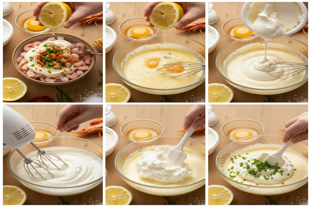 preparation-creme-tiramisu-crevettes-etapes Préparation de la crème au mascarpone et assemblage des couches du Tiramisu aux Crevettes Roses dans un bol.