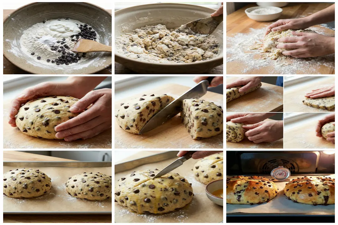 etape-faconnage-pate-brioche-express-fromage-blanc Boule de pâte à brioche aux pépites de chocolat en cours de façonnage à la main.
