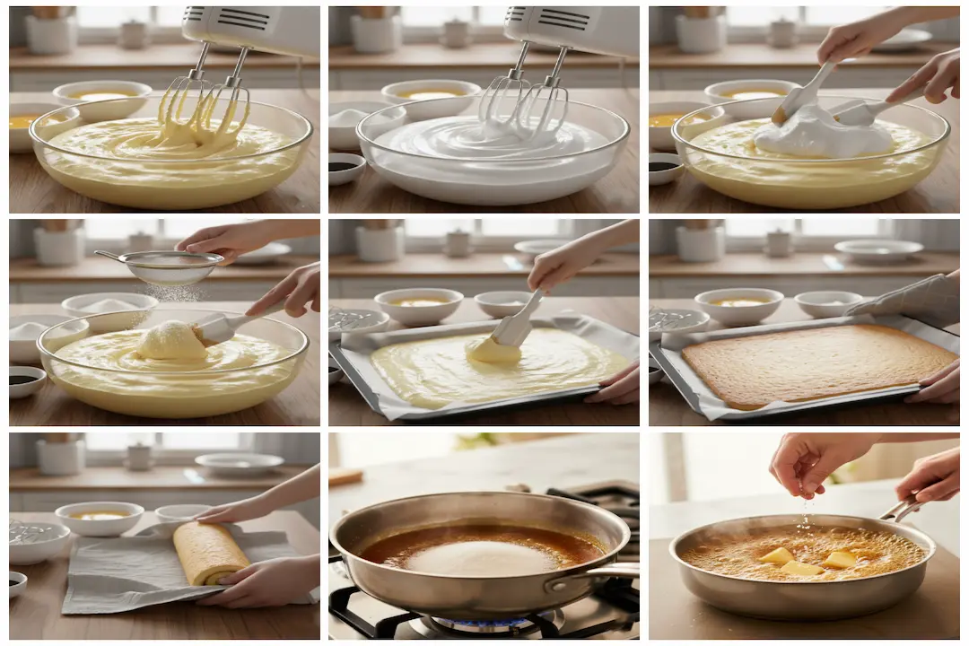 Étape Clé : Le Biscuit Prêt à Être Roulé Biscuit à rouler plat étalé sur une plaque de cuisson, recouvert d'une couche uniforme et lisse de crème au mascarpone blanche.