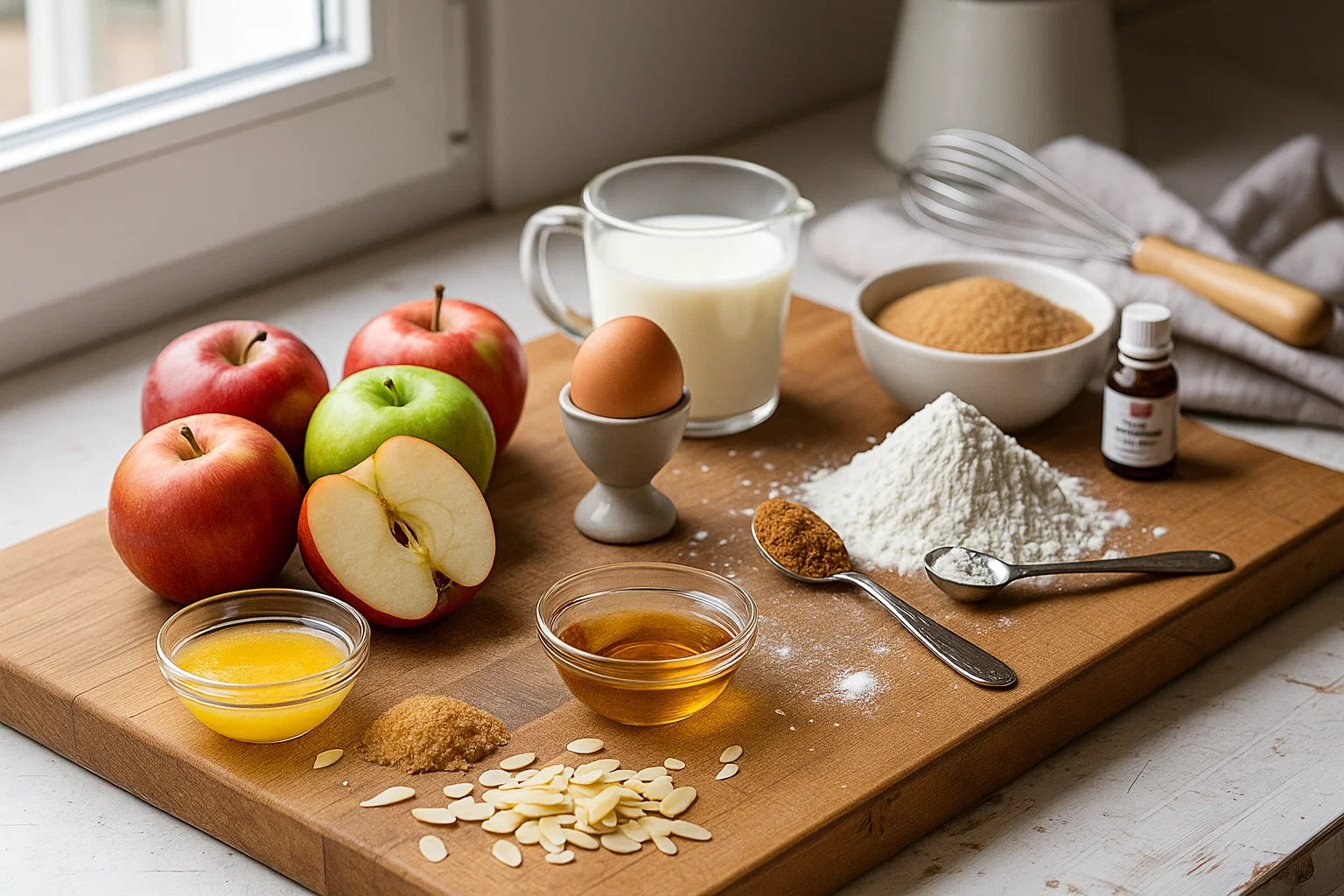 Tous les ingrédients pour la Grimolle aux Pommes Ingrédients Grimolle aux Pommes : pommes, farine, lait, œufs, cassonade, vanille et amandes effilées sur une planche en bois.