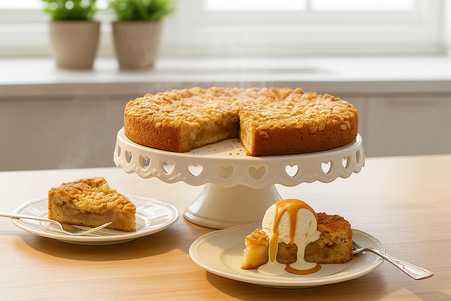 Grimolle aux Pommes entière, tout juste démoulée, avec une croûte d'amandes dorée et caramélisée en gros plan.