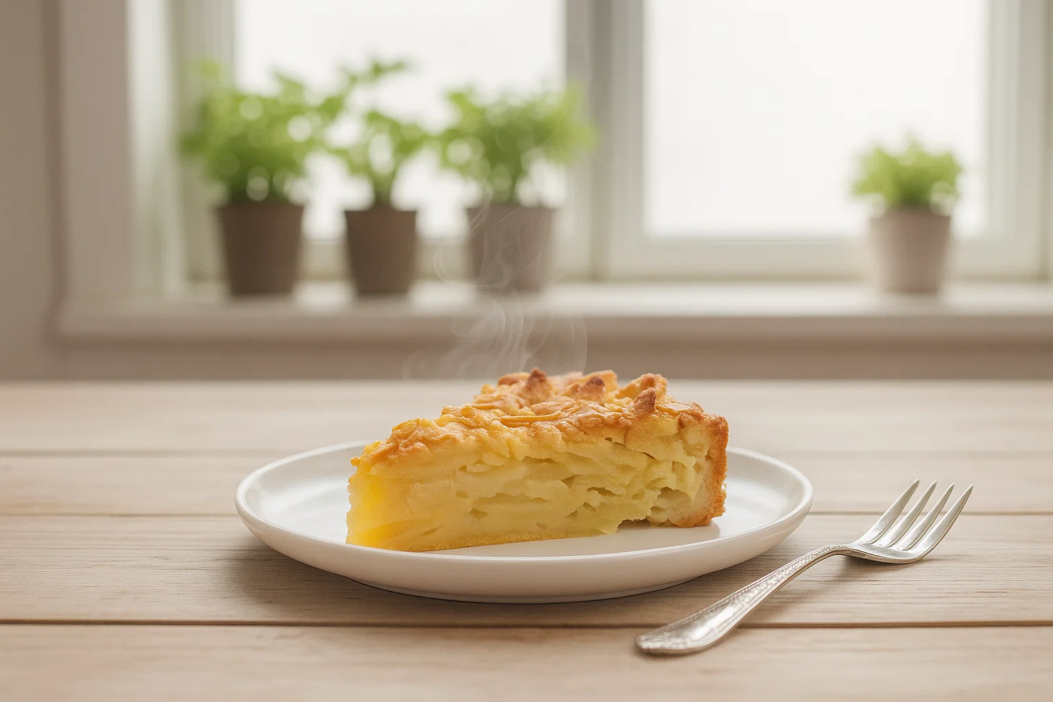 Dégustation de la Grimolle aux Pommes et glace Tranche de Grimolle aux Pommes servie sur une assiette blanche avec une boule de glace vanille et filet de caramel.