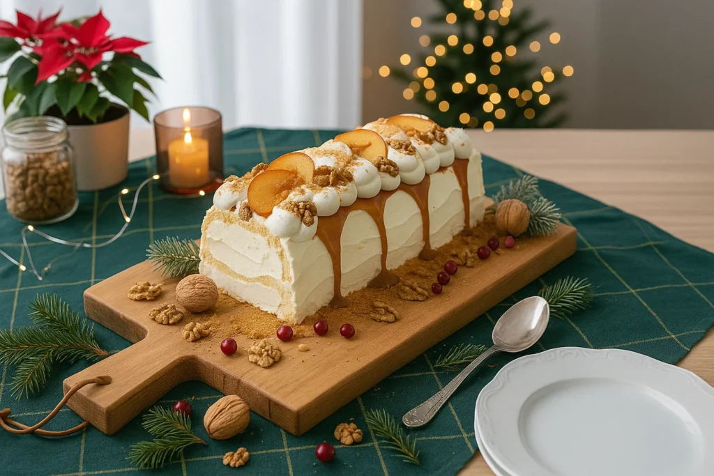 Bûche au Caramel Beurre Salé de Noël roulée, recouverte d'une crème blanche texturée en "écorce" et décorée de tranches de pommes et d'un filet de caramel beurre salé.
