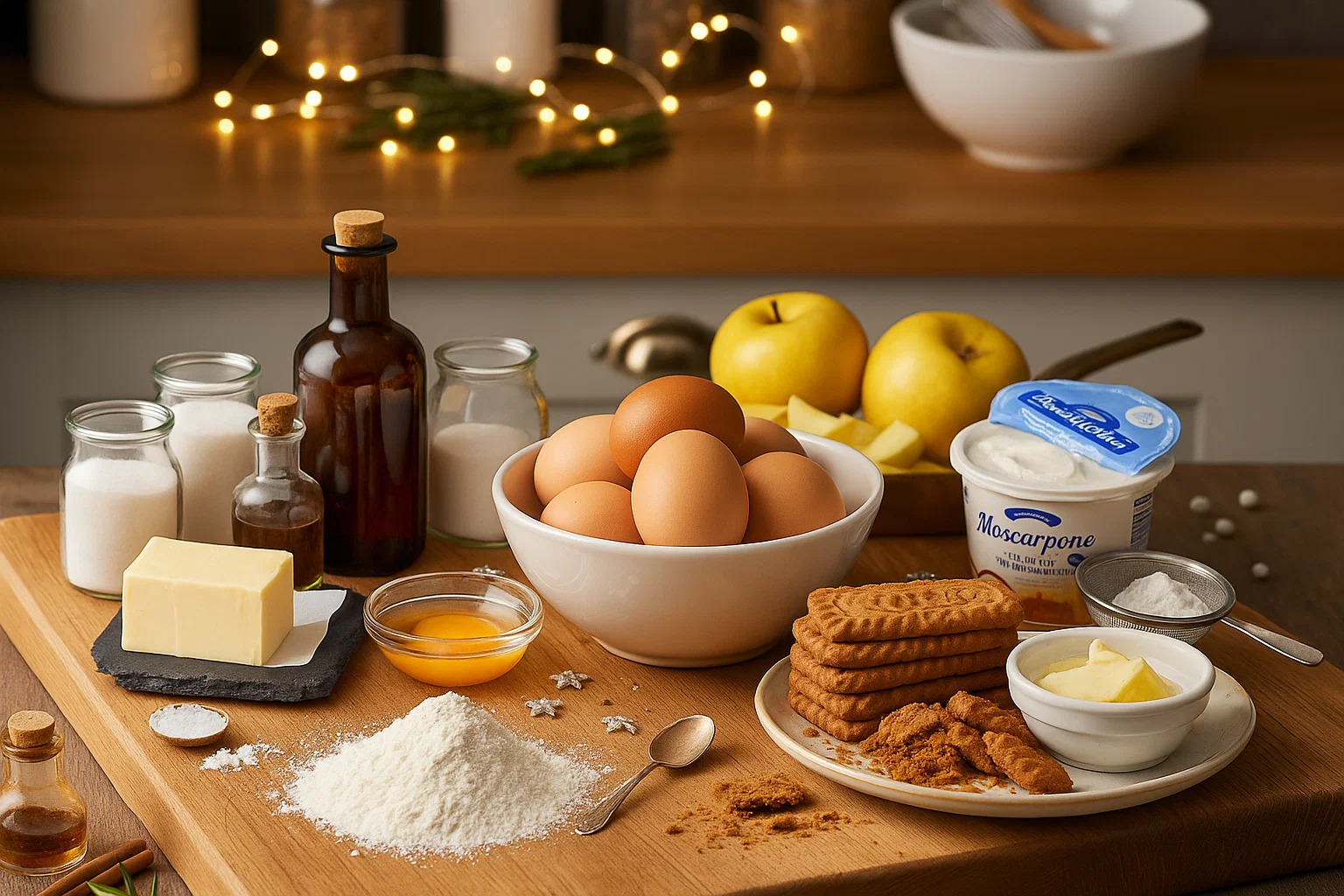 Les Délices de l'Hiver : Ingrédients pour la Bûche Spéculoos-Caramel Gros plan sur des ingrédients pour bûche de Noël : spéculoos émiettés, caramel beurre salé, pommes coupées, et crème au mascarpone.