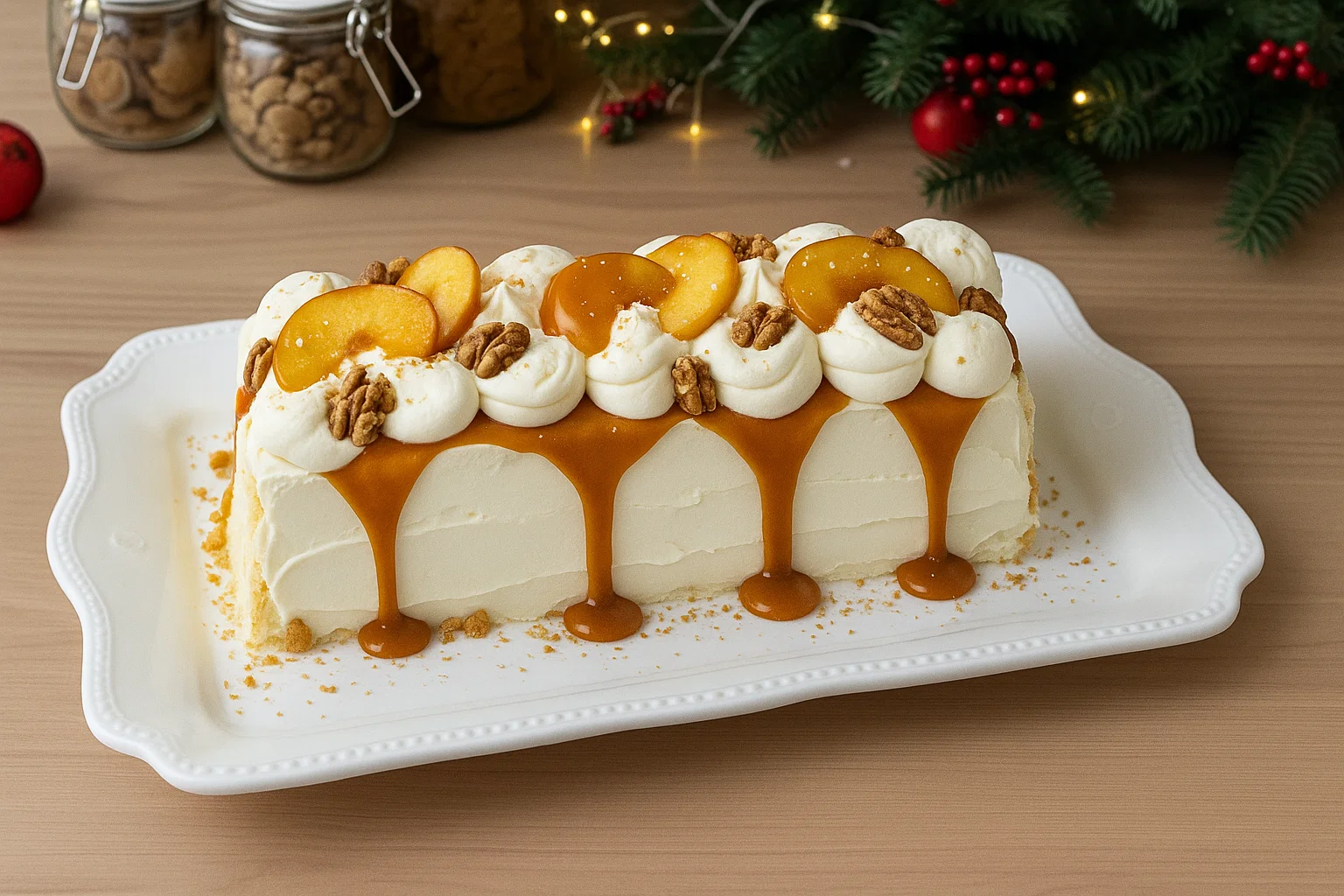 La Bûche Spéculoos-Caramel-Pomme : Prête à Servir ! Bûche au Caramel Beurre Salé de Noël roulée, recouverte d'une crème blanche texturée en "écorce" et décorée de tranches de pommes et d'un filet de caramel beurre salé.