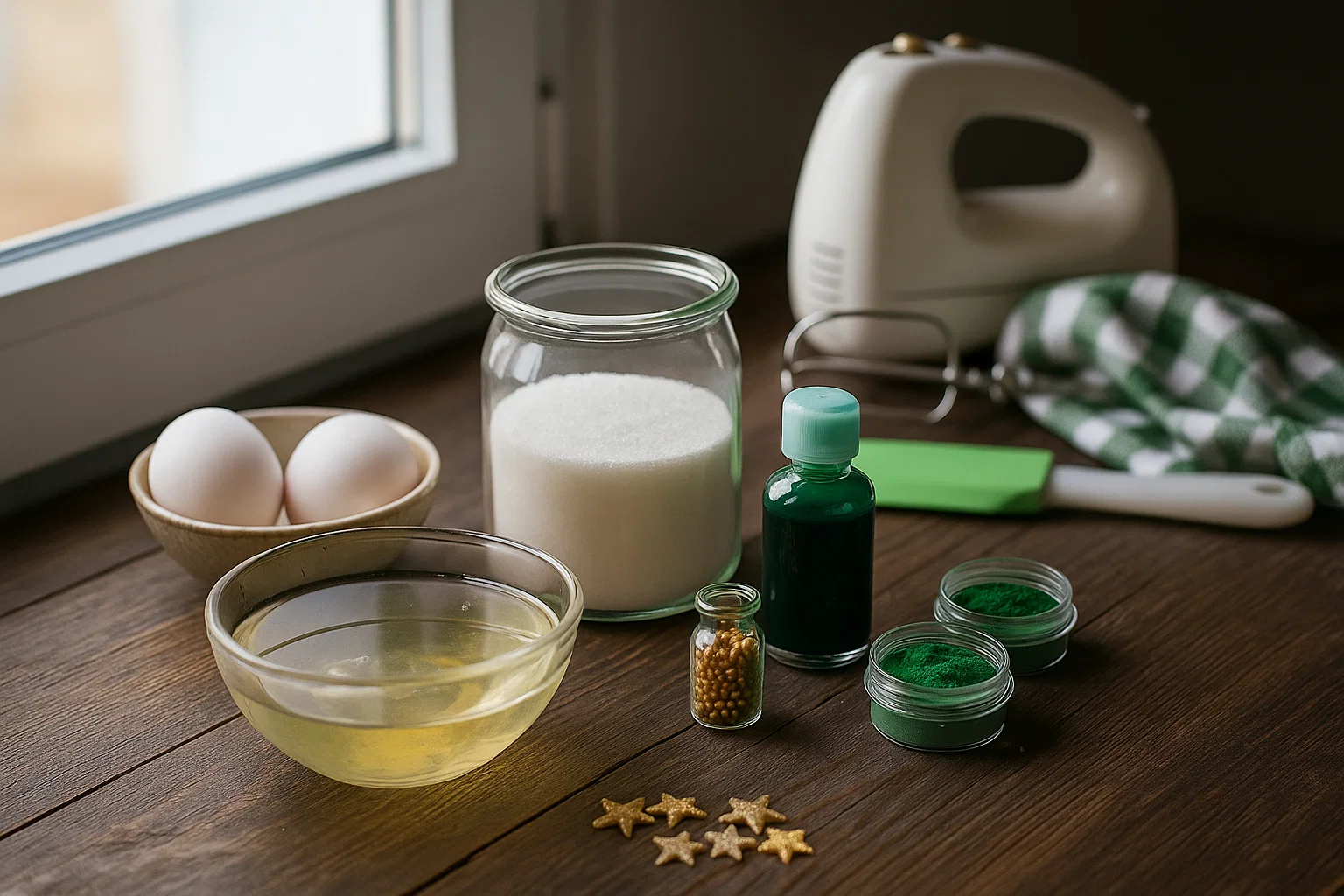 La Cueillette Magique des Ingrédients Ingrédients pour Petits Sapins Meringués : blancs d'œufs, sucre fin, colorant vert en gel, billes dorées.