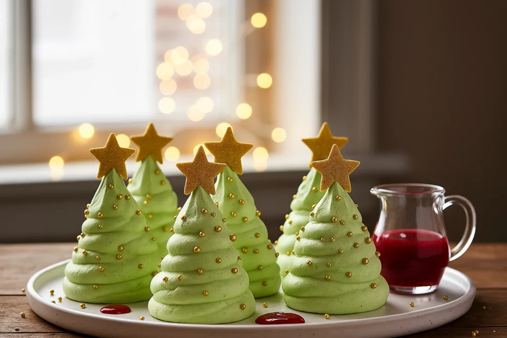 Petits Sapins Meringués individuels décorés de billes dorées et étoiles, croquants de Noël.