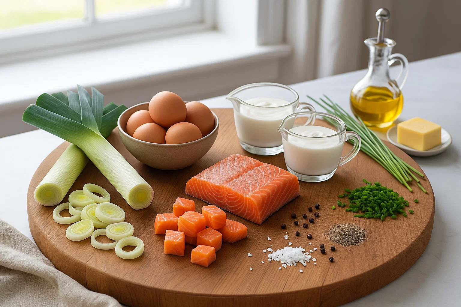 Ingrédients Clés pour Mini Quiches aux Poireaux & Saumon Fumé Ingrédients pour Mini Quiches aux Poireaux & Saumon Fumé : poireaux émincés, œufs, crème, saumon fumé, ciboulette, sel, poivre.