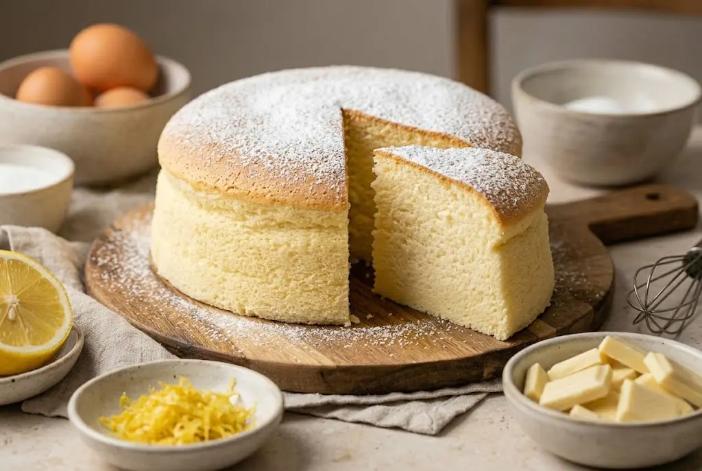 Le Gâteau Nuage Japonais entier, doré et saupoudré de sucre glace sur un plat de service.
