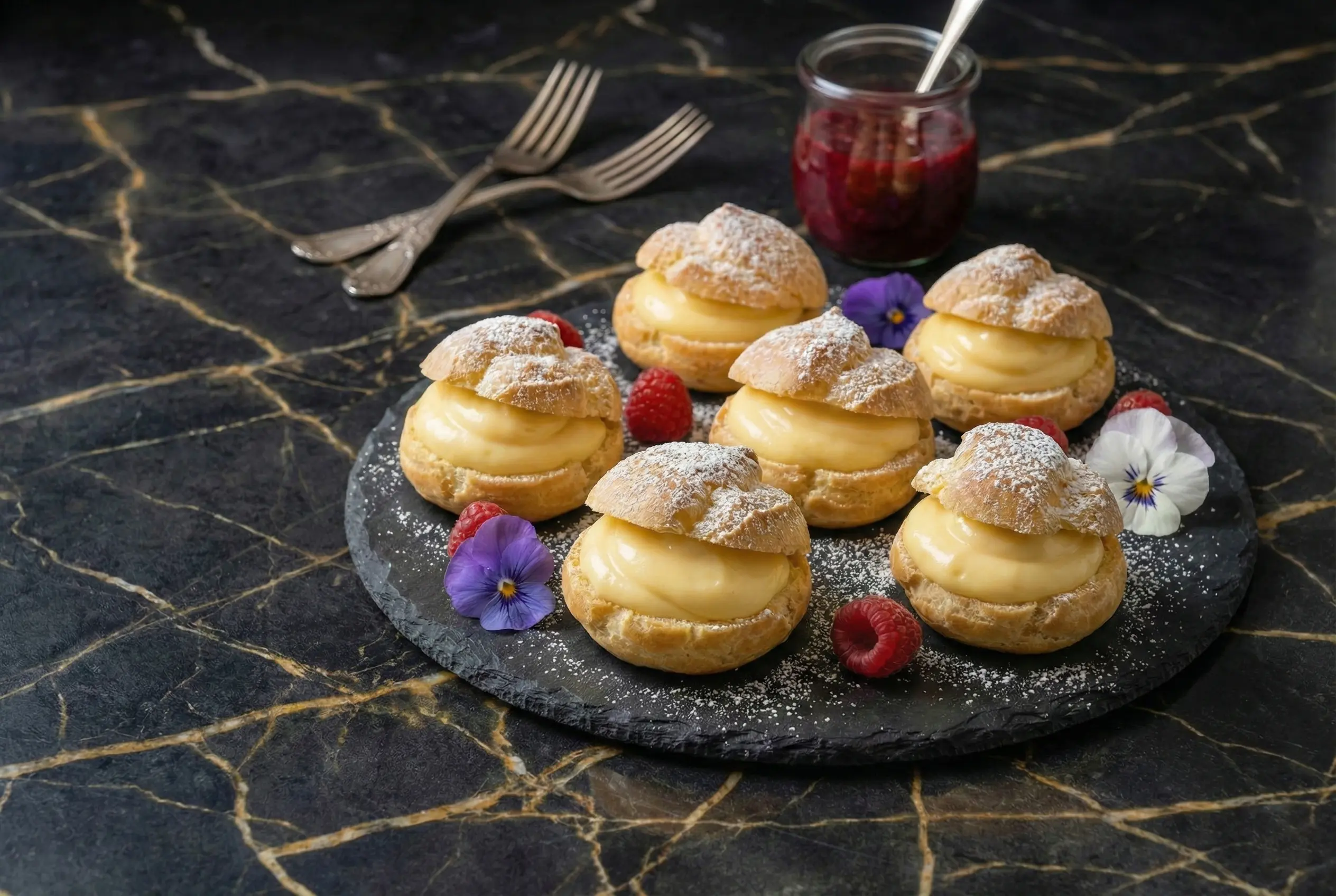Choux à la crème pâtissière dorés et garnis, présentés sur un plat de service élégant avec saupoudrage de sucre glace.