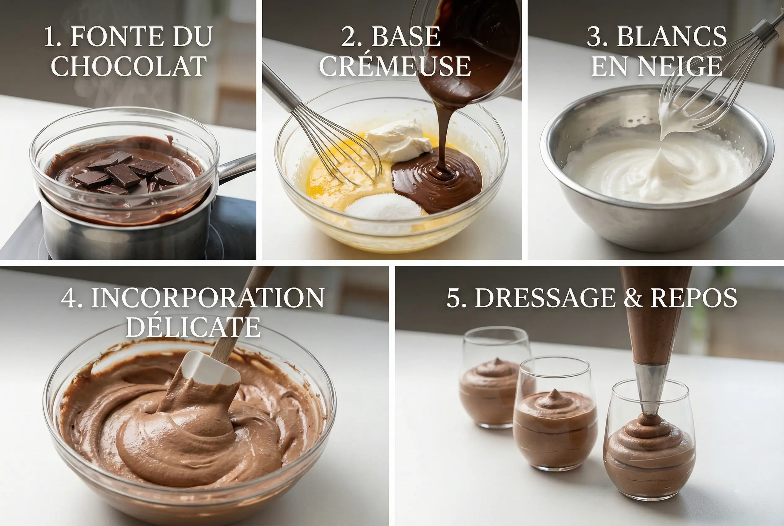 Guide Visuel : La Mousse Parfaite en 5 Étapes Infographie recette étape par étape mousse chocolat : fonte du chocolat, mélange mascarpone, blancs en neige, incorporation, et dressage en verrine.