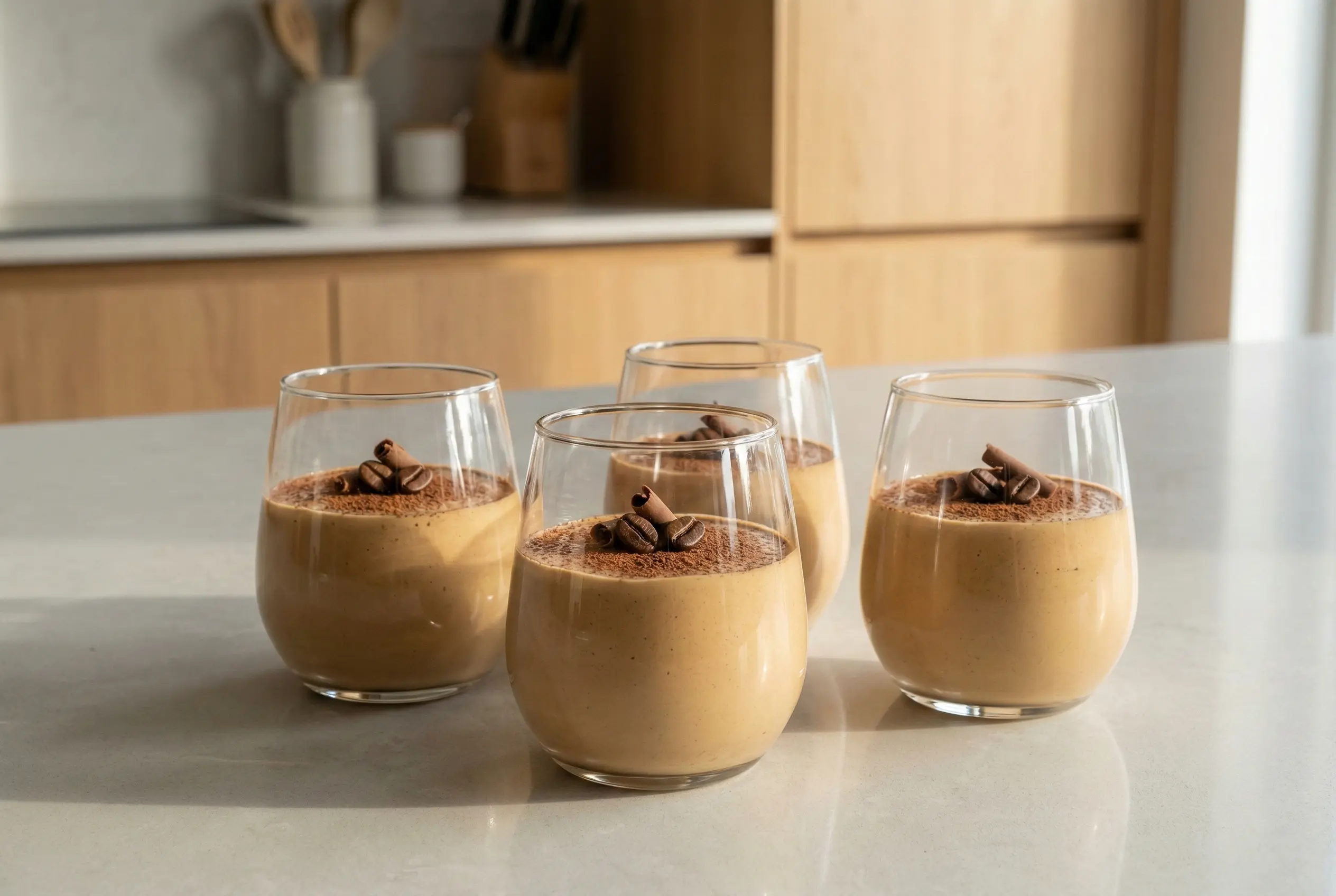 Mousse au Café Onctueuse Prête à Déguster Mousse au café maison terminée, servie dans des verrines en verre modernes et saupoudrée de cacao.