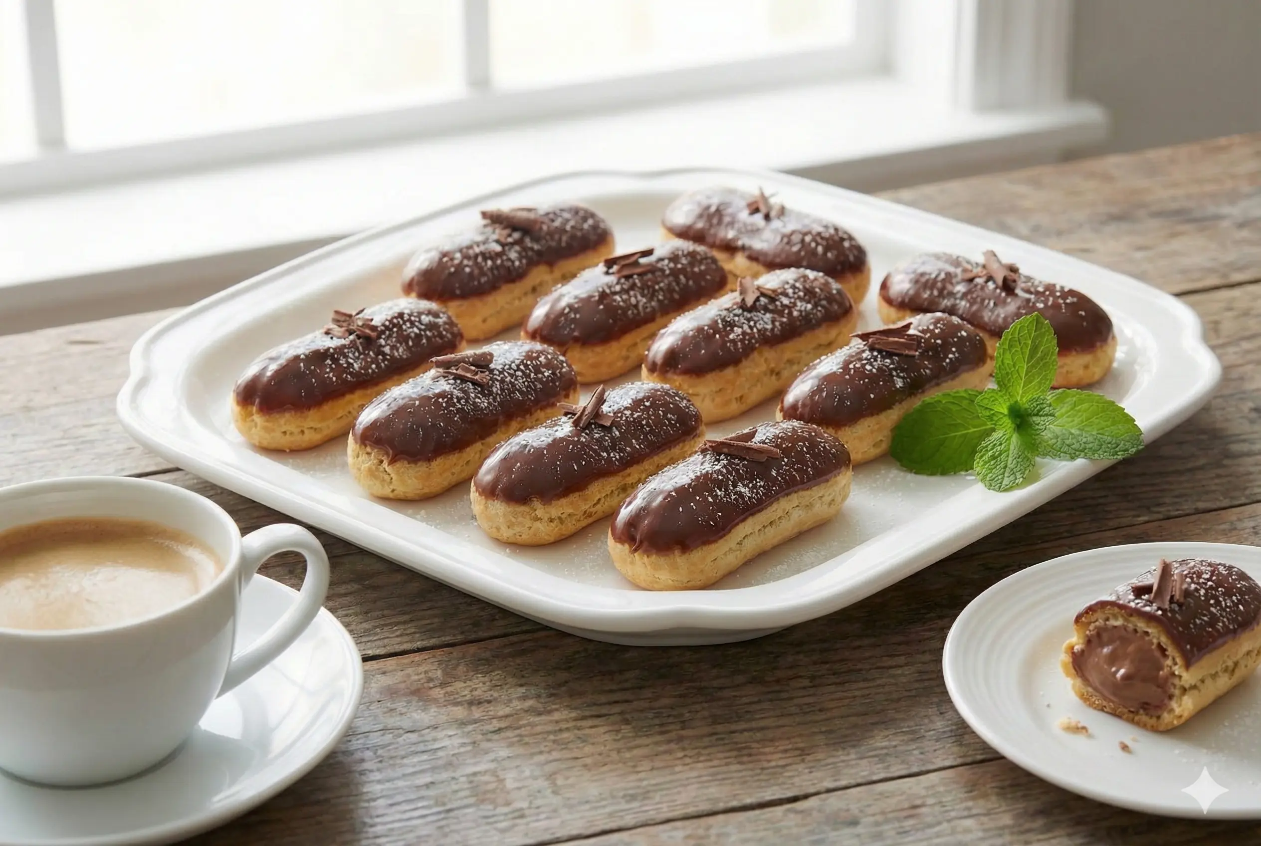 Plateau de Minis éclairs chocolat faits maison servis sur une planche en bois rustique.