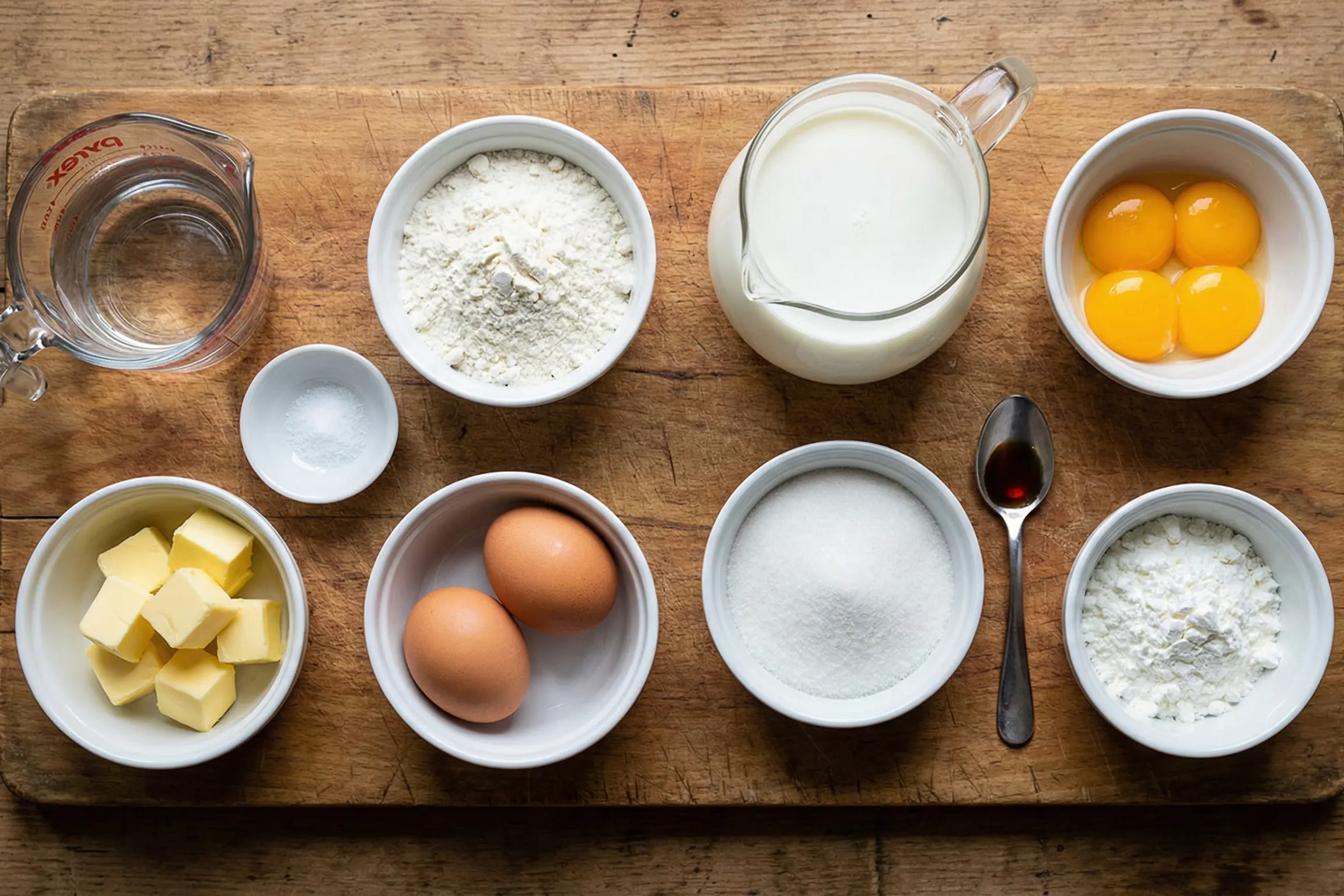 Ingrédients pour choux à la crème pâtissière disposés sur une planche en bois : farine, œufs, beurre, lait, sucre et vanille.