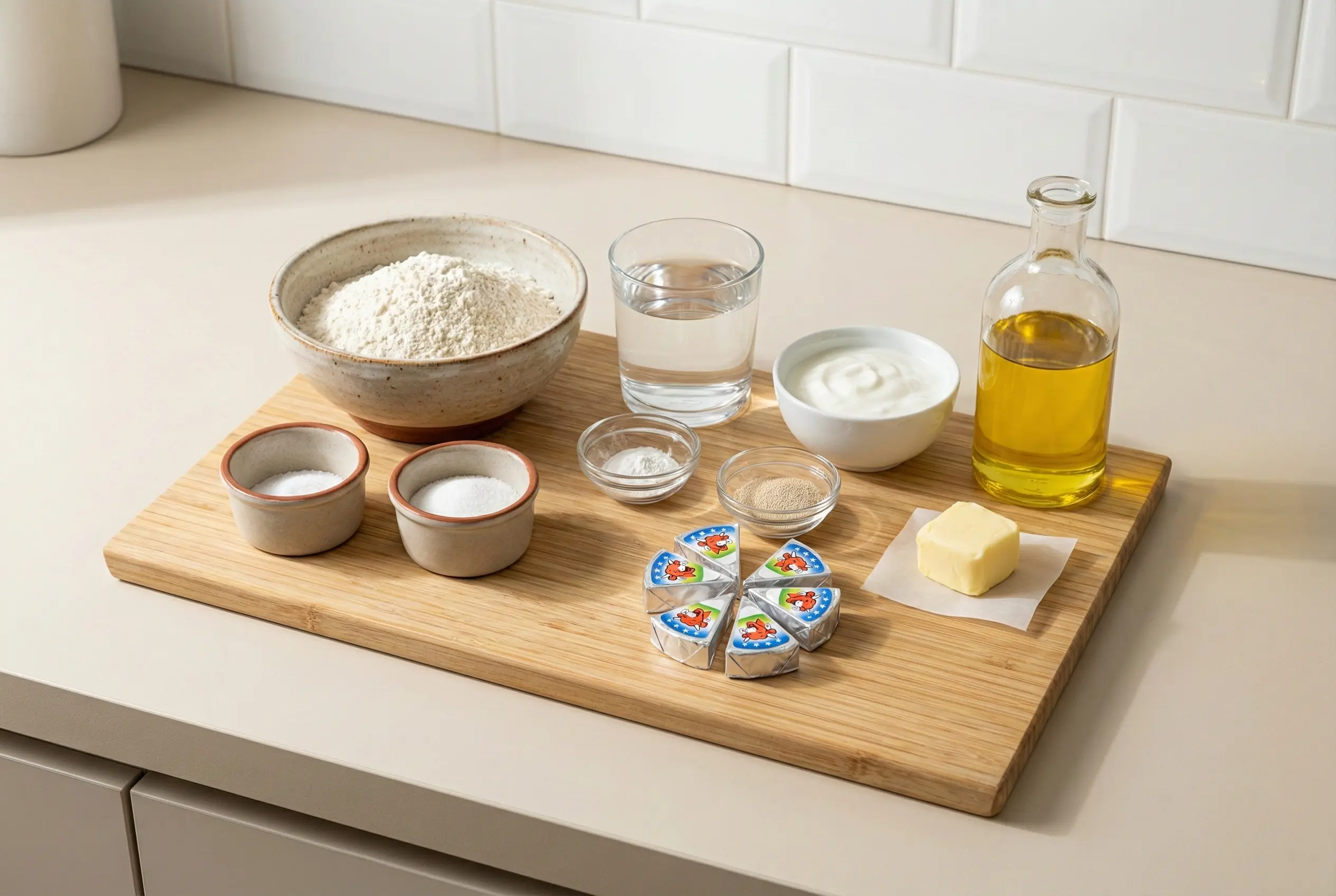 Ingredients-Recette-Naans-Moelleux-au-Fromage Vue de dessus des ingrédients pour la recette de Naans Moelleux au Fromage : farine, yaourt bulgare, Vache qui rit, huile et levure disposés sur une planche en bois.