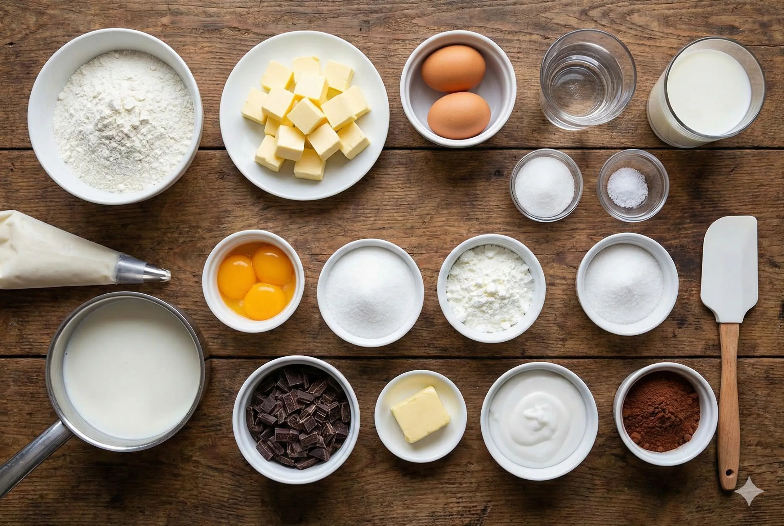 Ingrédients frais pour la recette de Minis éclairs chocolat disposés sur une planche en bois (farine, œufs, beurre, chocolat).