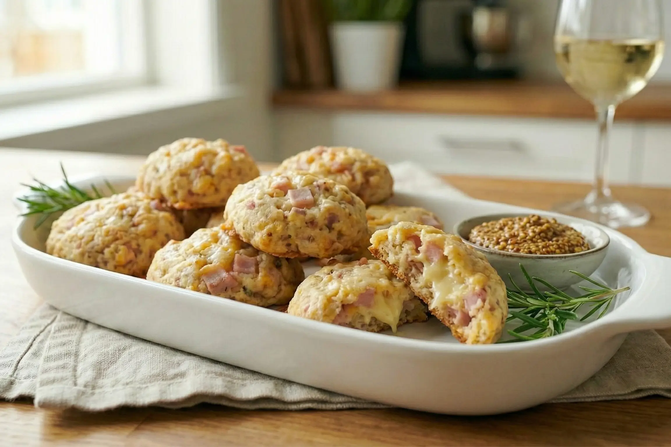 Gros plan sur des cookies salés au jambon et fromage dorés et croustillants sur une planche.