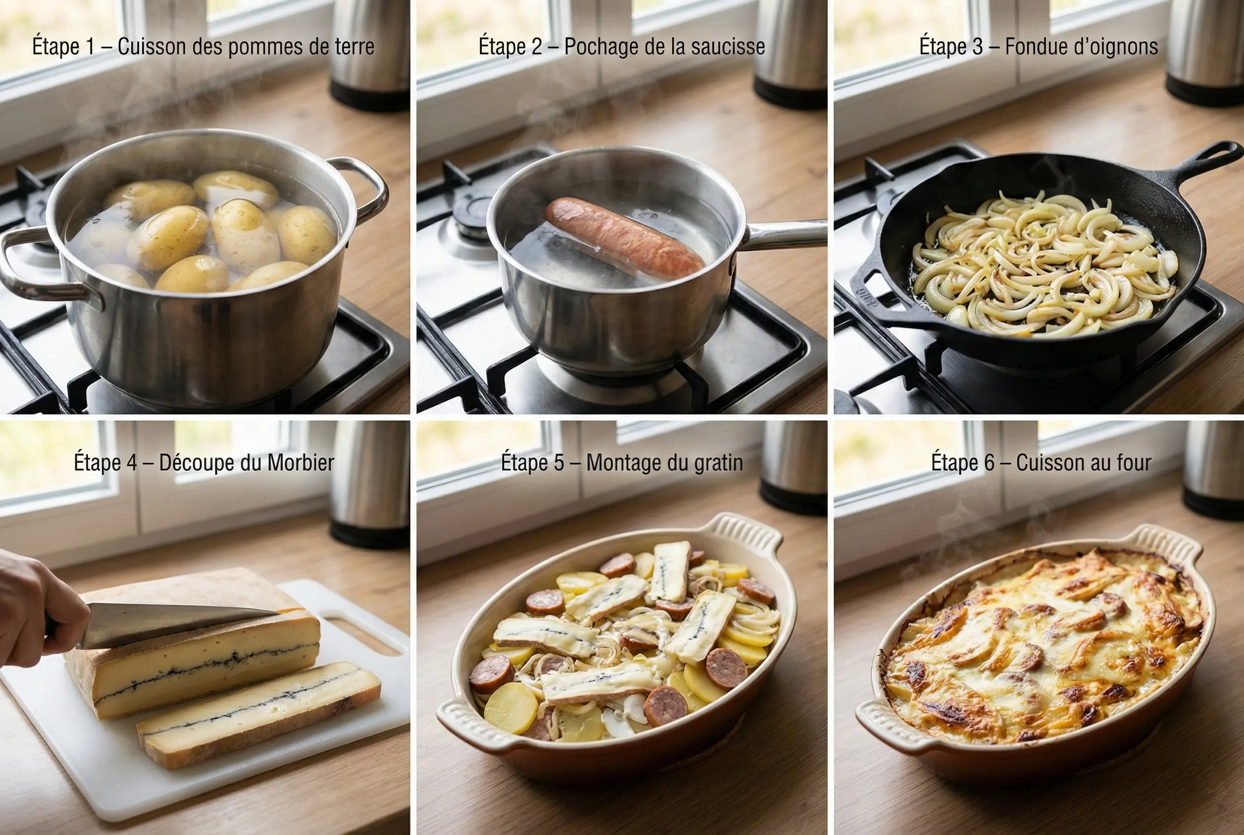 Collage photo des 6 étapes de préparation de la Morbiflette : cuisson des pommes de terre, pochage de la saucisse, fondue d'oignons, découpe du fromage, montage du gratin et résultat cuit.