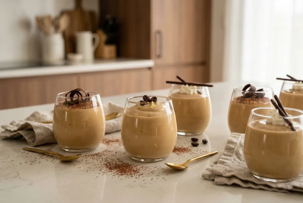Mousse au café maison terminée, servie dans des verrines en verre modernes et saupoudrée de cacao.