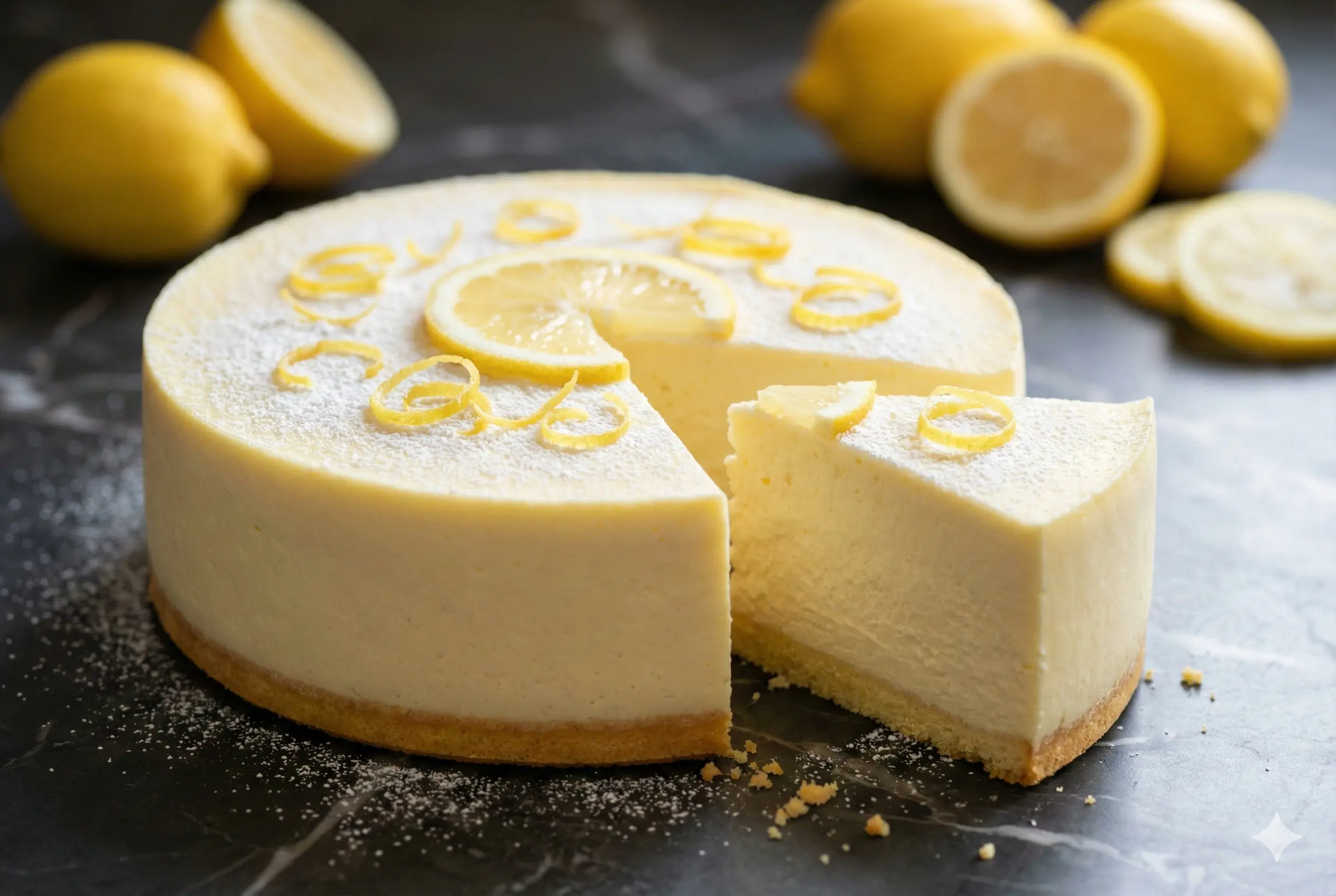 La Révélation : Élégante Simplicité Un gâteau fondant au citron et au mascarpone, rond et haut, reposant sur un plat de service en céramique blanche. Le dessus jaune pâle est saupoudré de sucre glace et élégamment décoré d'une petite grappe de framboises fraîches et de tranches de fraises.