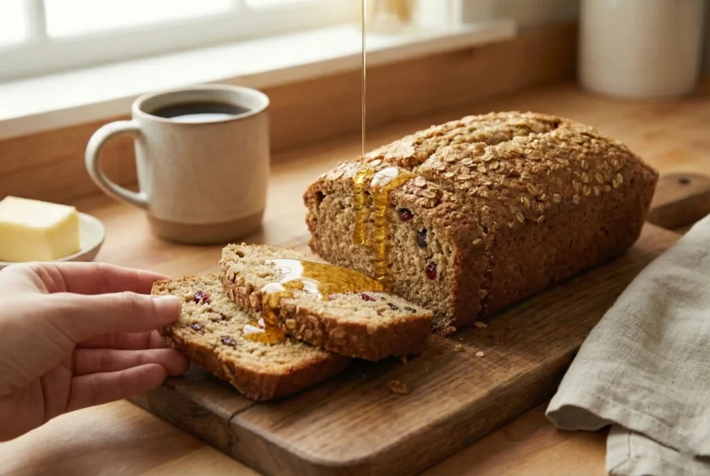 Tranches épaisses de Pain du Matin aux Flocons d’Avoine et au Miel nappées de miel liquide avec une tasse de café en arrière-plan.