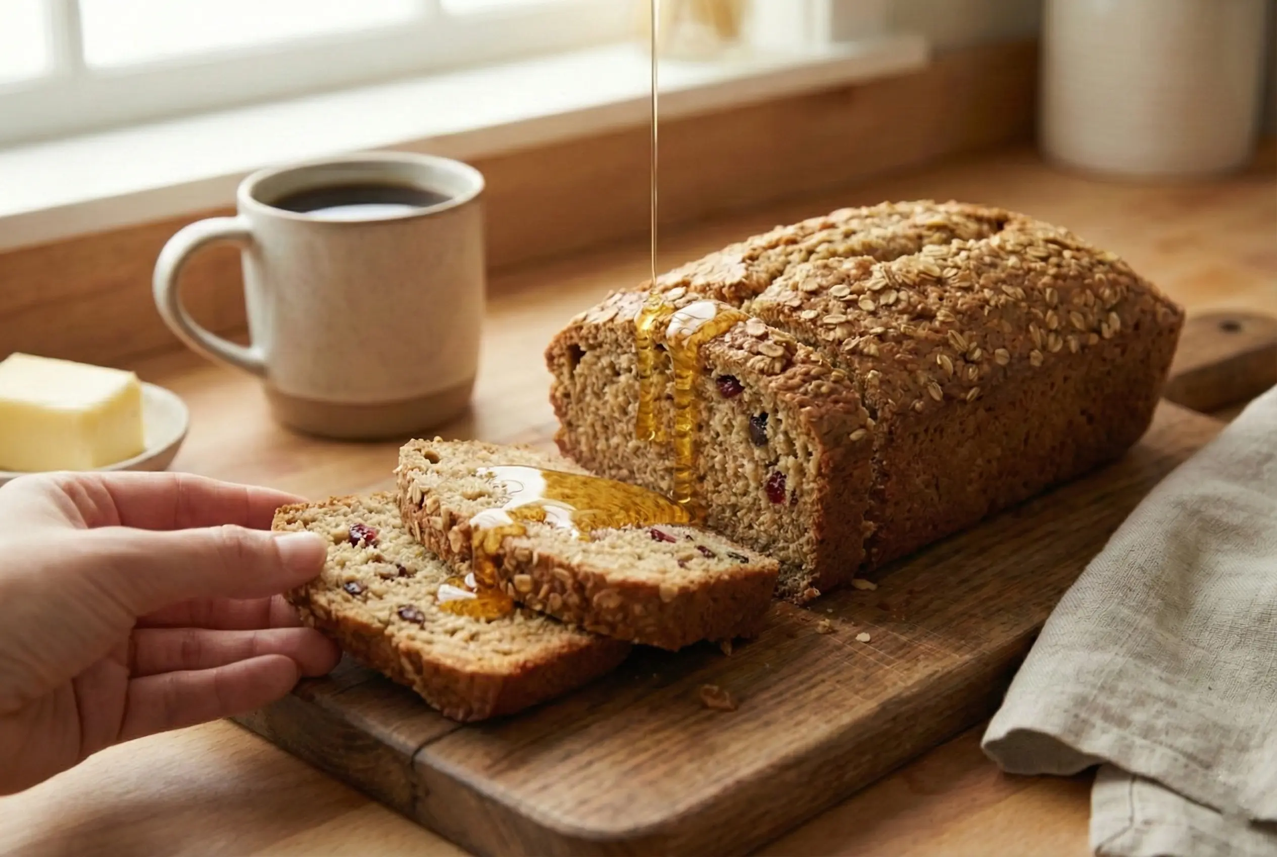 Tranches épaisses de Pain du Matin aux Flocons d’Avoine et au Miel nappées de miel liquide avec une tasse de café en arrière-plan.