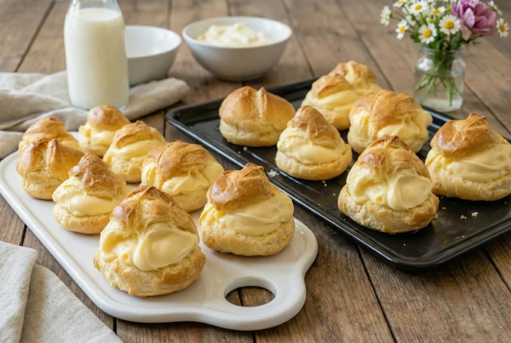 Choux à la crème pâtissière dorés et garnis, présentés sur un plat de service élégant avec saupoudrage de sucre glace.