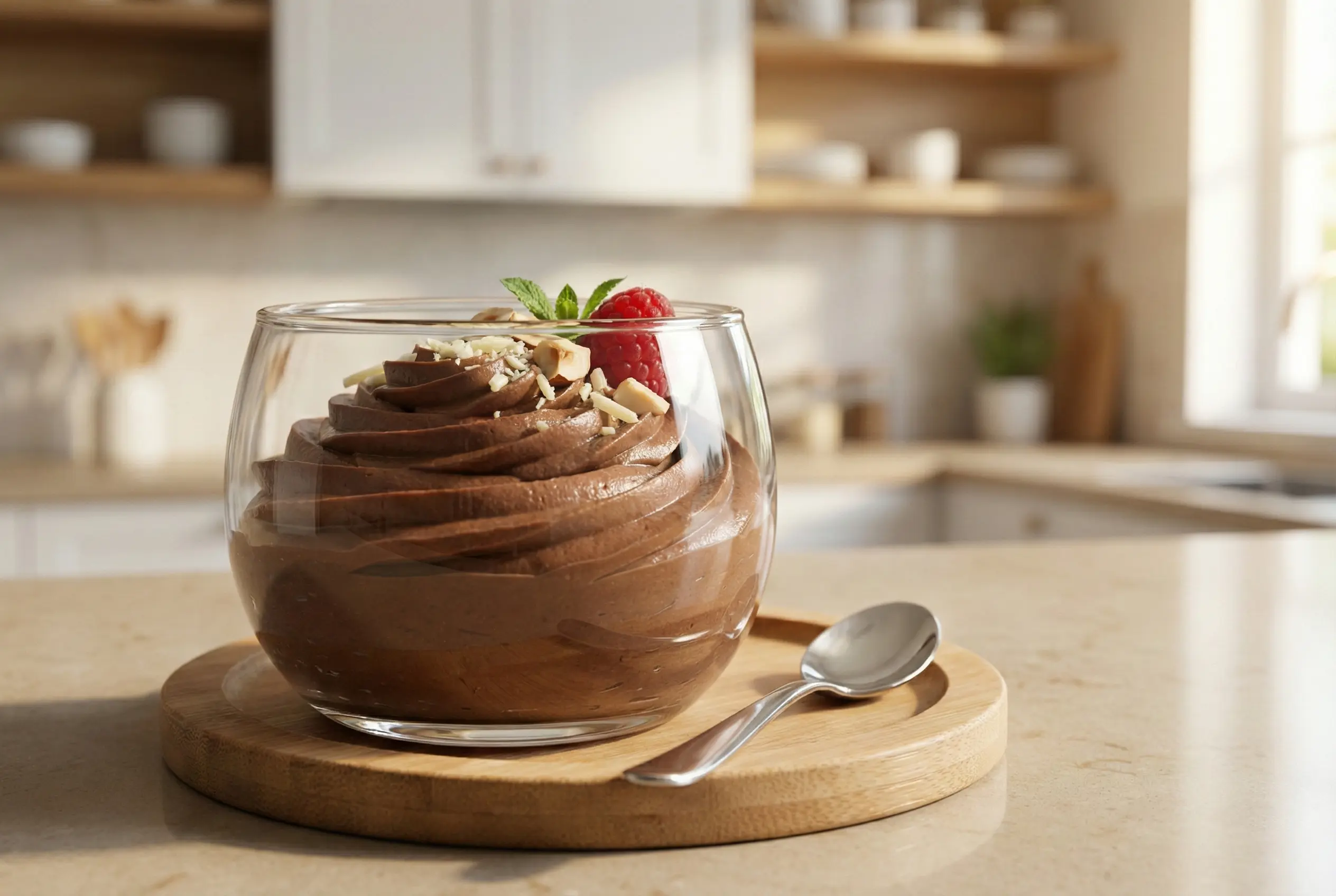 Élégance Gourmande : Mousses Chocolat & Fruits Rouges Verrines de mousse au chocolat mascarpone alignées sur marbre, garnies de fruits rouges frais (fraises, framboises) et copeaux de chocolat.