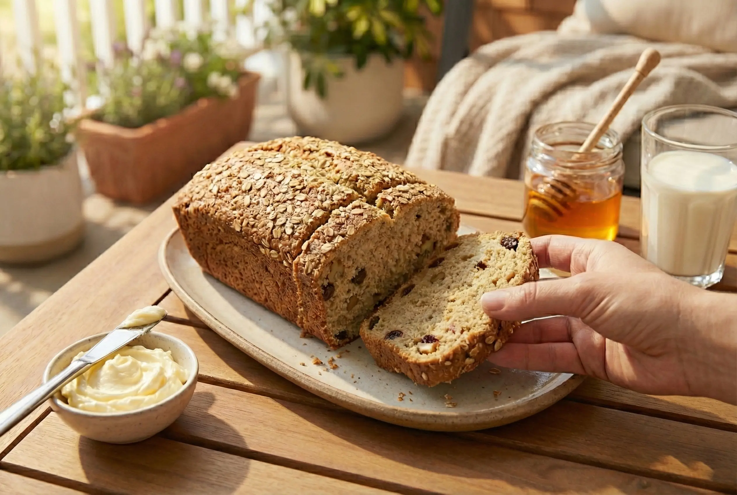 Tranches épaisses de Pain du Matin aux Flocons d’Avoine et au Miel nappées de miel liquide avec une tasse de café en arrière-plan.