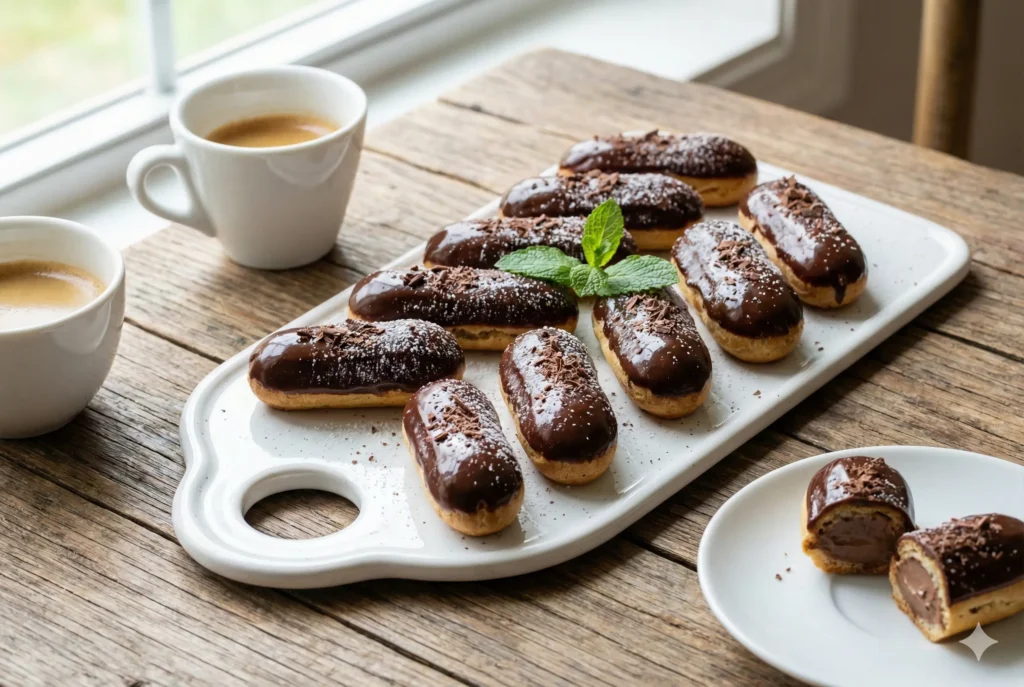 Plateau de Minis éclairs chocolat faits maison servis sur une planche en bois rustique.