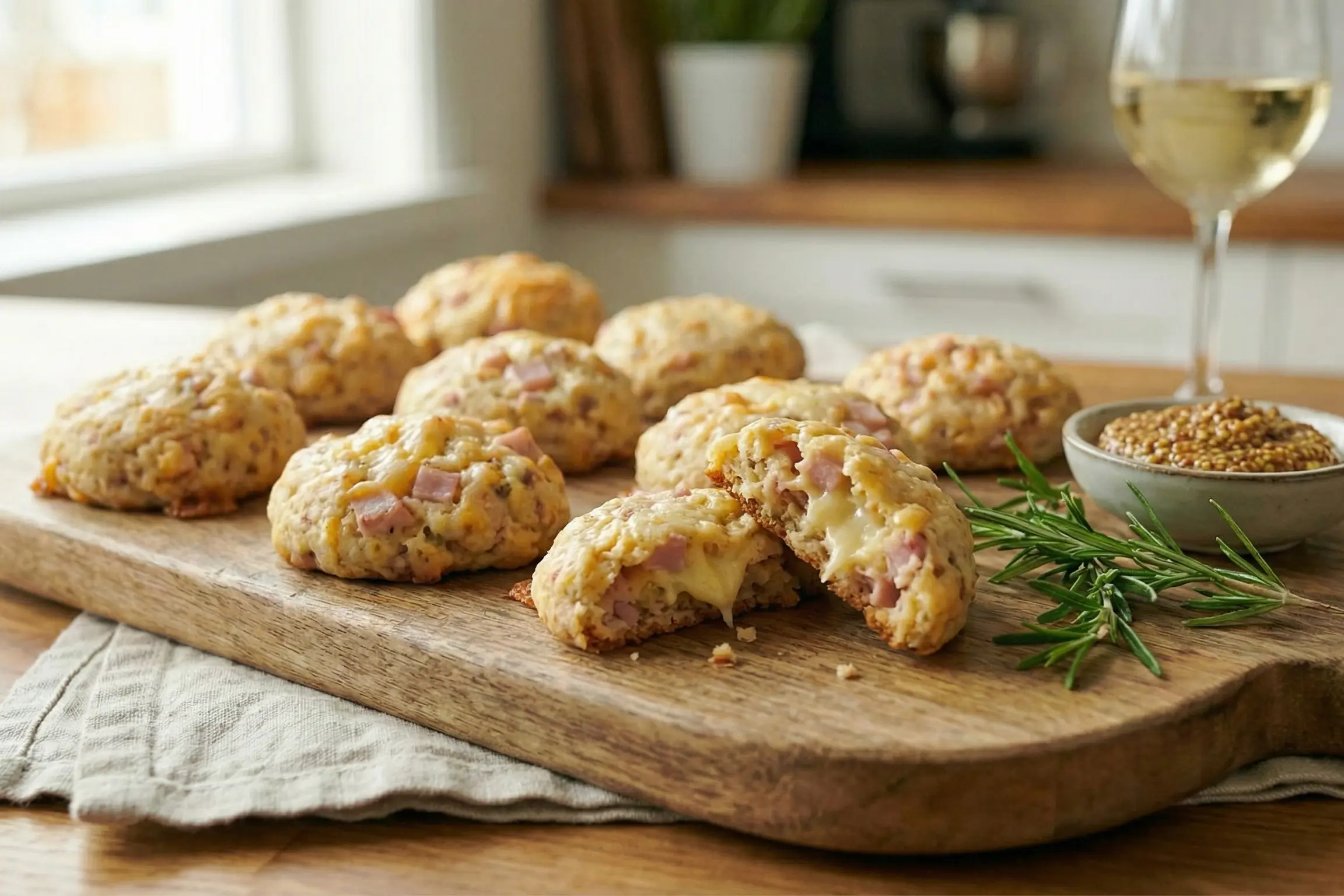 Gros plan sur des cookies salés au jambon et fromage dorés et croustillants sur une planche.
