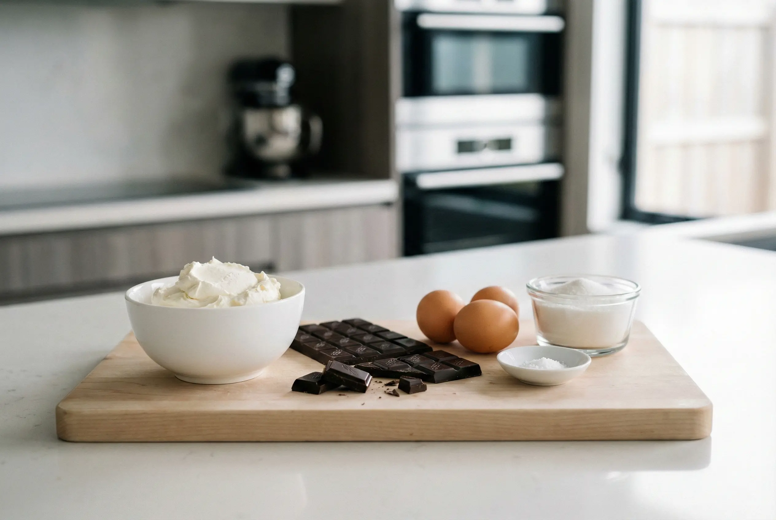 Les Essentiels : Ingrédients Mousse Mascarpone & Chocolat Ingrédients pour mousse au chocolat mascarpone disposés sur une planche en bois : chocolat noir, bol de mascarpone, œufs frais, sucre et sel.
